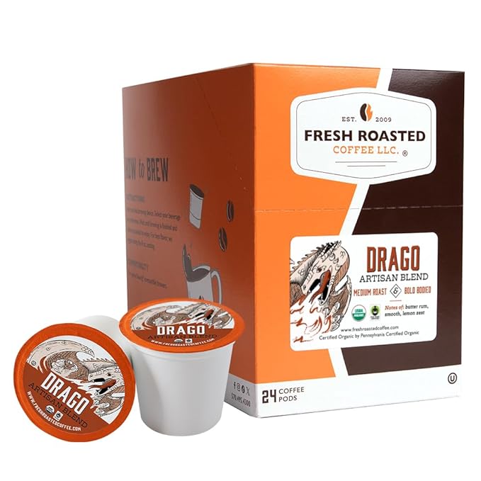 Fresh Roasted Coffee, Organic Drago, Medium Roast, 24 Pods for K Cup Brewers