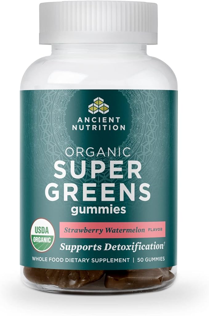 Ancient Nutrition Supergreens Gummy, Organic Superfood Gummy Made from Real Fruits, Vegetables and Herbs, for Digestive and Energy Support, 50 Count, Strawberry Watermelon