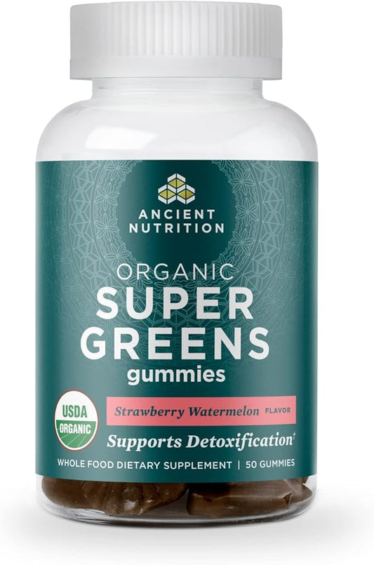 Ancient Nutrition Supergreens Gummy, Organic Superfood Gummy Made from Real Fruits, Vegetables and Herbs, for Digestive and Energy Support, 50 Count, Strawberry Watermelon