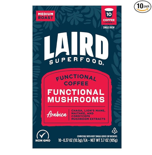 Laird Superfood K-Cups with Functional Mushrooms – Medium Roast, 10ct - Made with Organic Extracts of Chaga Mushrooms, Lion’s Mane, Maitake, and Cordyceps Functional Mushrooms