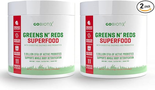 GOBIOTIX Super Greens and Reds Powder - Red and Green Superfood - Probiotic Supplement - Digestive Enzymes and Beet Root Powder - Organic Whole Foods Dietary Supplement (Pom Raspberry, 2 Pack)