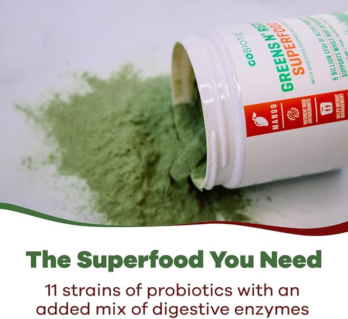 GOBIOTIX Super Greens and Reds Powder - Red and Green Superfood - Probiotic Supplement - Digestive Enzymes and Beet Root Powder - Organic Whole Foods Dietary Supplement (Mango, 1 Pack)