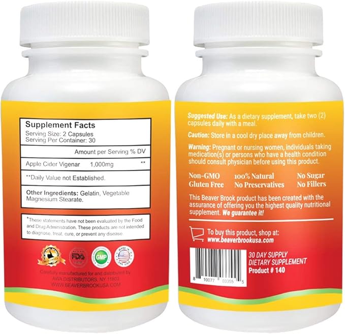 Apple Cider Vinegar All Natural Dietary 60 Capsules