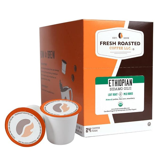 Fresh Roasted Coffee, Organic Ethiopian Sidamo Guji, Light Roast, 24 Pods for K Cup Brewers