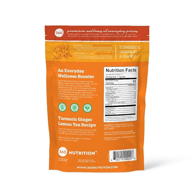 360 Nutrition Turmeric Supplement with Ginger 3.3 oz, 31 Servings