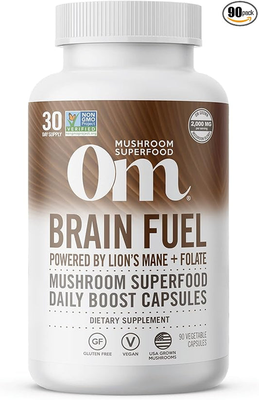 OM MUSHROOM SUPERFOOD Brain Fuel Mushroom Powder Capsules Superfood Supplement, 90 Count, 30 Days, Lion's Mane, Reishi Blend Plus Folate, Mental Clarity, Mushroom Supplement