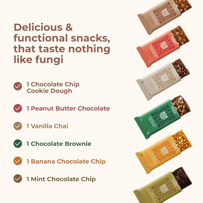 Organic Functional Mushroom Vegan Protein Bars | Made in USA | Full Dose (1500mg) Lions Mane, Chaga, Reishi & Cordyceps Bars | Plant Protein Bars w/Adaptogens & Superfoods | 6 Bars Sampler Pack