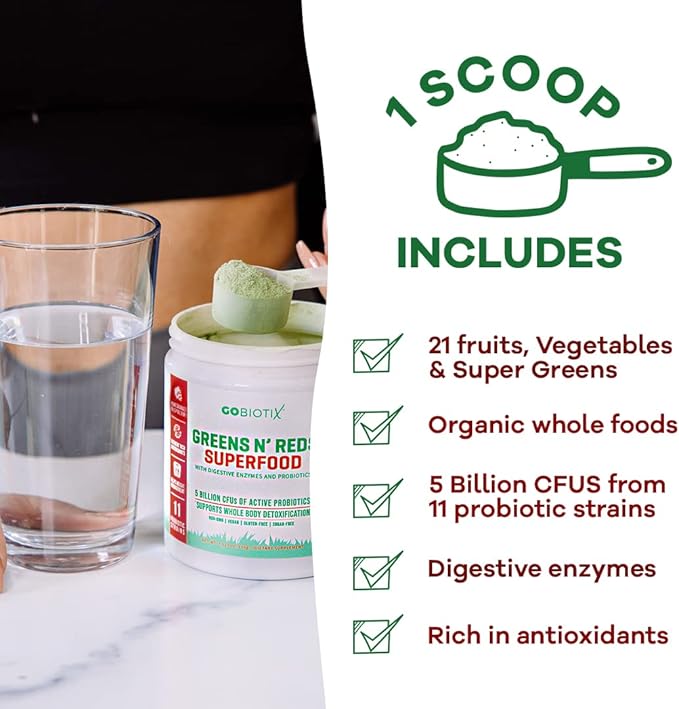 GOBIOTIX Super Greens and Reds Powder - Red and Green Superfood - Probiotic Supplement - Digestive Enzymes and Beet Root Powder - Organic Whole Foods Dietary Supplement (Mango, 1 Pack)
