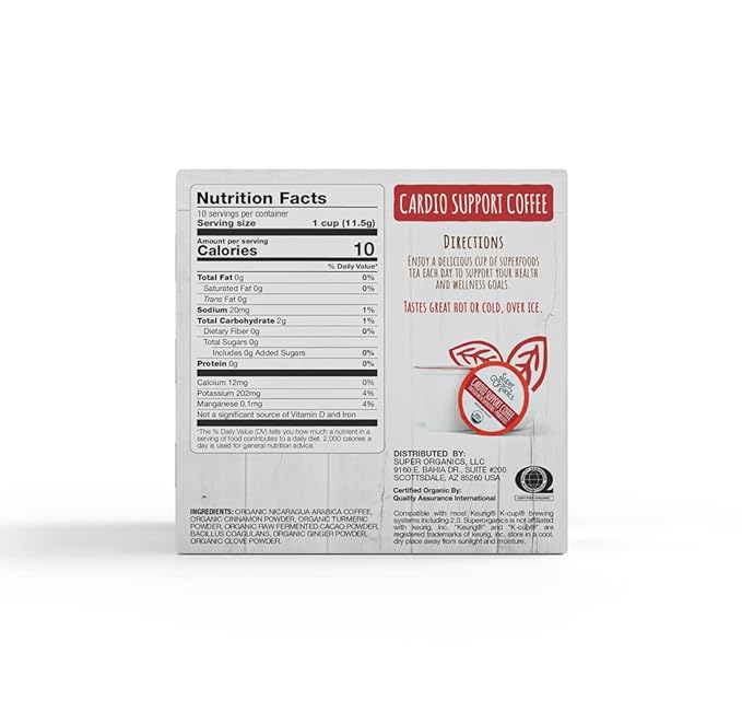 Super Organics Cardio Support Coffee Brew Cups With Superfoods & Probiotics Keurig K-Cup Compatible Cardiovascular Health Medium Roast, USDA Certified Organic, Vegan Coffee, 60ct