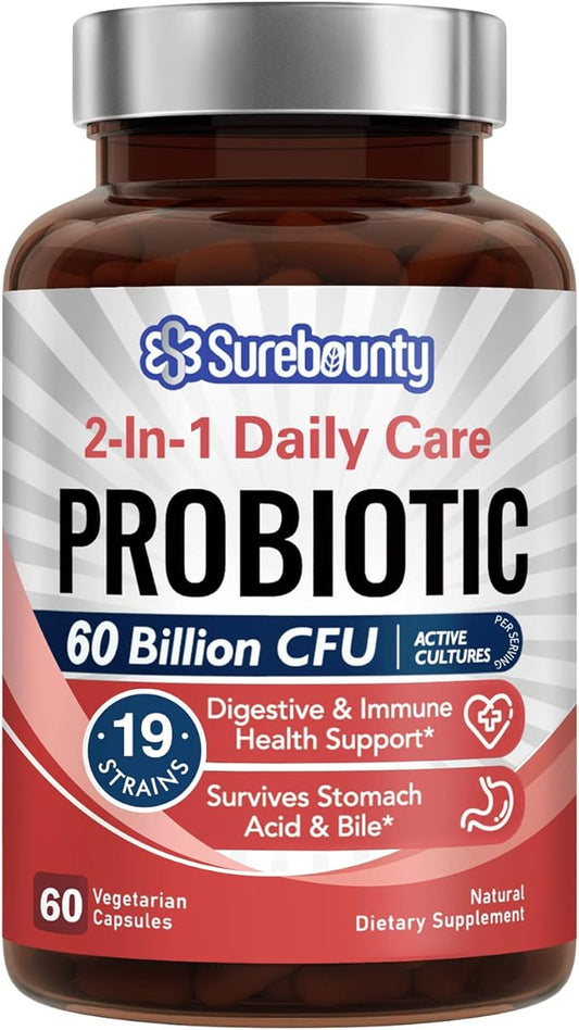 Probiotics 60 Billion CFU 19 Strains 100mg Prebiotic, 2-in-1 Daily 60 Veggie