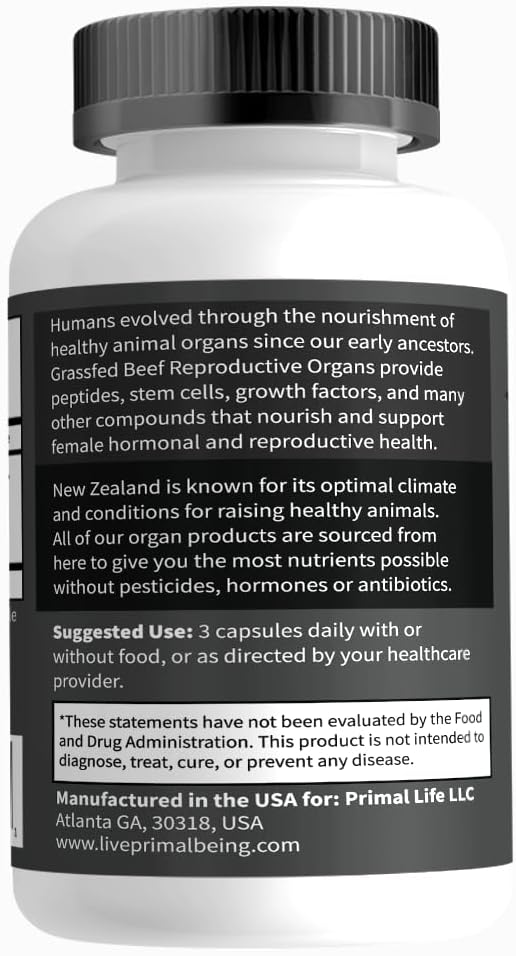 Primal Being Grassfed Beef Female Vitality Supplement- Supports Hormonal Health, Fertility, Inflammation, Energy - 90 Capsules, 1500mg per Serving