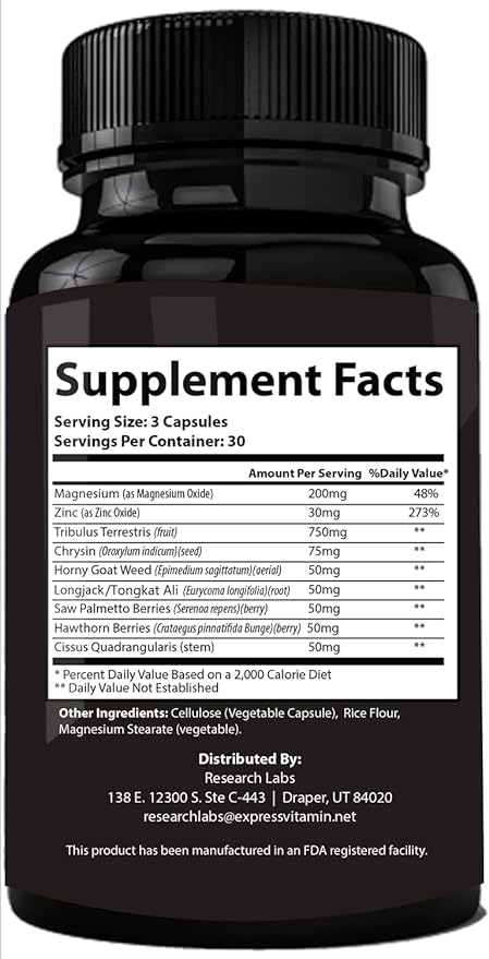 Pharmacist Recommended 2 fer 1 Offer 180ct Testosterone Booster Enhancement by Research Labs. Increase Lean Muscle Energy Strength. Saw Palmetto, Tribulus, Tongkat Ali, Horny Goat Weed, Zinc