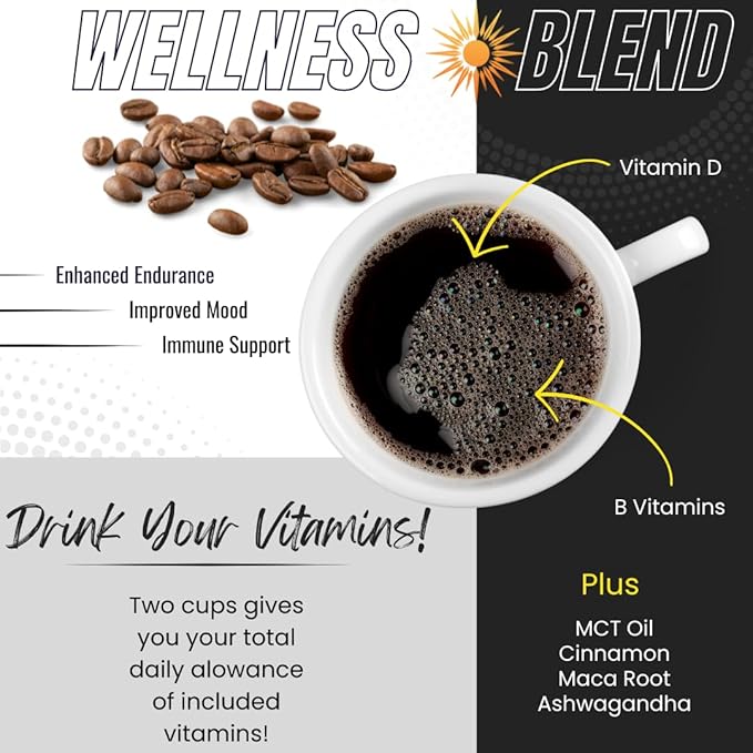 Morning Medic Wellness Coffee with Ashwagandha, MCT Oil, Maca Root, Vitamin B6, Vitamin B12, Vitamin D, and Cinnamon, Ground Coffee Medium Roast, 12 oz
