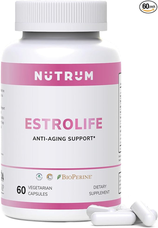 Estrolife Anti-Aging Support for Women by Nutrum, Vegan Supplement for Long Lasting Female Hormonal Balance, Ovarian Function, Skin Hydration, Elasticity and Firmness, Menopause Relief, 60 Capsules