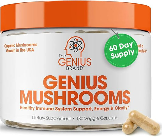 The Genius Brand - Genius Mushroom Supplement - Lion's Mane, Cordyceps, Reishi - Brain Nootropic for Energy, Focus, Overall Wellness, & Immune Support, 180 Veggie Pills
