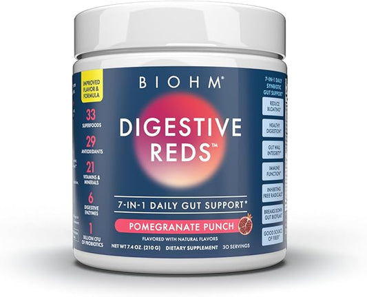 BIOHM Digestive Reds, Superfood Powder, Antioxidants, Vitamins, Probiotics, Digestive Health for Women and Men with Enzymes, Beets, Goji, Pomegrante, Red Berry Flavor (30 Servings)