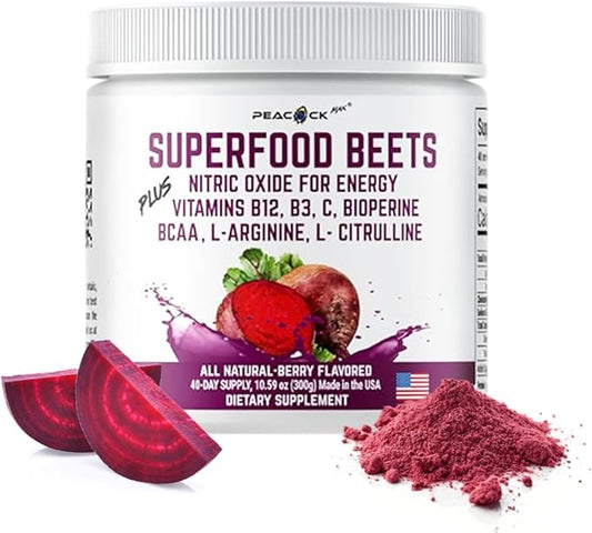 Beetroot Powder - Superfood for Blood Pressure Support, Nitric Oxide Booster, Beet Root Extract, BCAA for Heart Health, Green Tea Extract, Berry Flavor (Pack of 1 (10.59 oz))