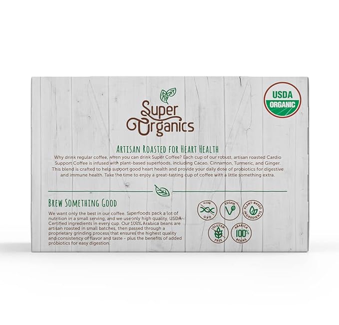Super Organics Cardio Support Coffee Brew Cups With Superfoods & Probiotics Keurig K-Cup Compatible Cardiovascular Health Medium Roast, USDA Certified Organic, Vegan Coffee, 60ct