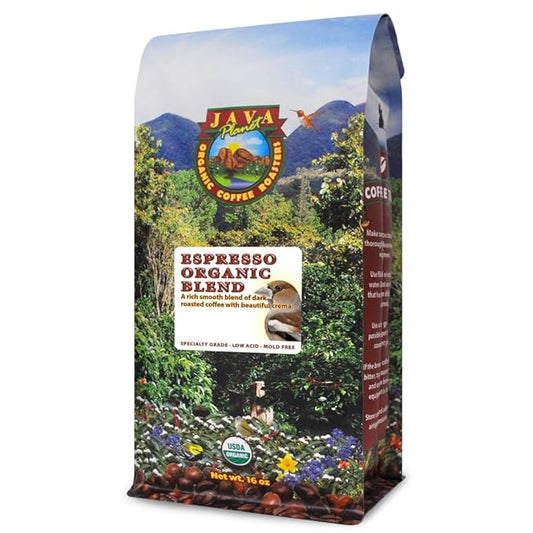 Java Planet Organic, Espresso Blend, Smooth Full Flavored Organic Coffee Beans, Low Acid, Whole Bean Coffee, 1LB Bag