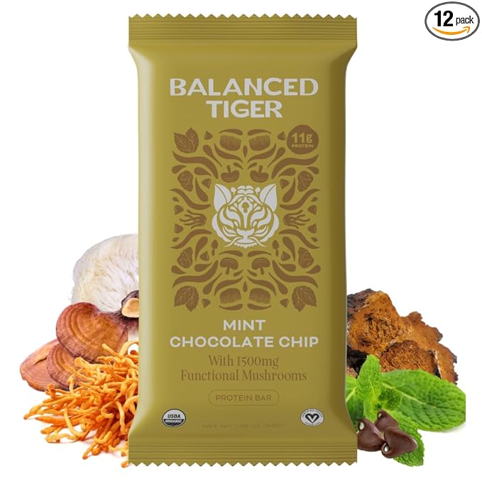 Organic Functional Mushroom Vegan Protein Bars | Made in USA | Full Dose (1500mg) Lions Mane, Chaga, Reishi & Cordyceps Bars | Plant Protein Bars w/ Adaptogens & Superfoods | Mint Chocolate Chip Flavor