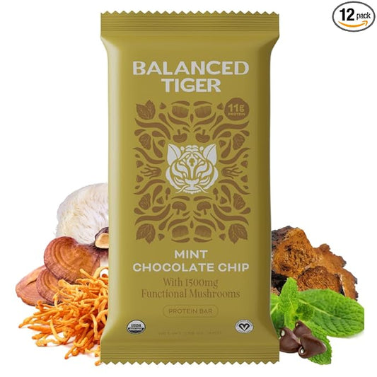 Organic Functional Mushroom Vegan Protein Bars | Made in USA | Full Dose (1500mg) Lions Mane, Chaga, Reishi & Cordyceps Bars | Plant Protein Bars w/ Adaptogens & Superfoods | Mint Chocolate Chip Flavor