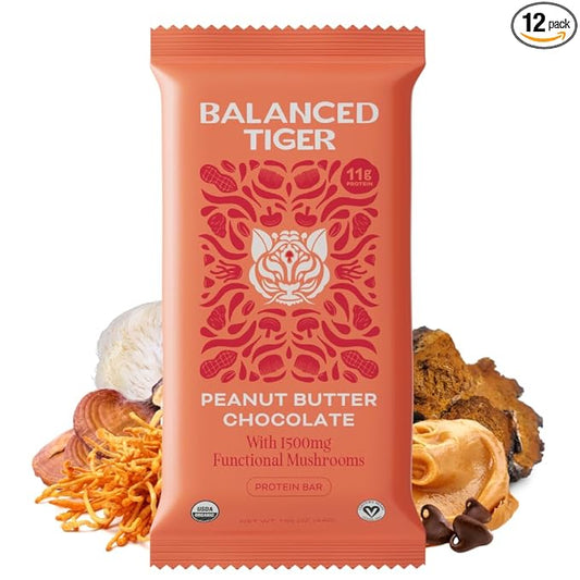 Organic Functional Mushroom Vegan Protein Bars | Made in USA | Full Dose (1500mg) Lions Mane, Chaga, Reishi & Cordyceps Bars | Plant Protein Bars w/ Adaptogens & Superfoods | Peanut Butter Chocolate Flavor