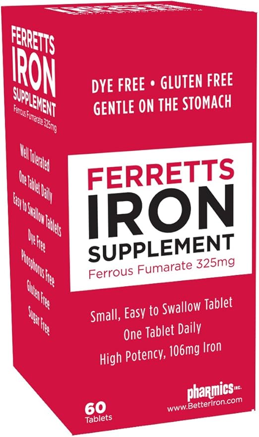 Iron Tablets 106mg (325mg Ferrous Fumarate) - 60 Day Supply of High Potency Iron Supplements for Women & Men - Gentle & Non-Constipating Iron Supplements for Anemia - 60 Iron Pills Per Bottle