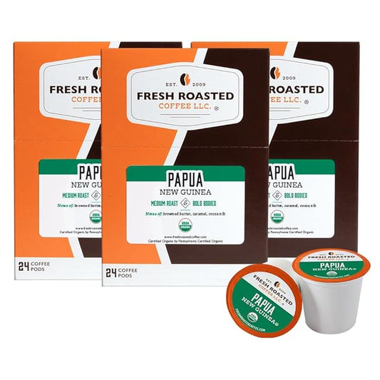 Fresh Roasted Coffee, Organic Papua New Guinea, Medium Roast, 72 Pods for K Cup Brewers