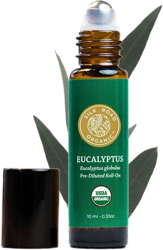 Organic Eucalyptus Essential Oil Roll On, 100% Pure USDA Certified - Respiratory Health, Colds, Cough, Sinus & Allergy Congestion - 10 ml Roller by Silk Road Organic - Always Pure, Always Organic