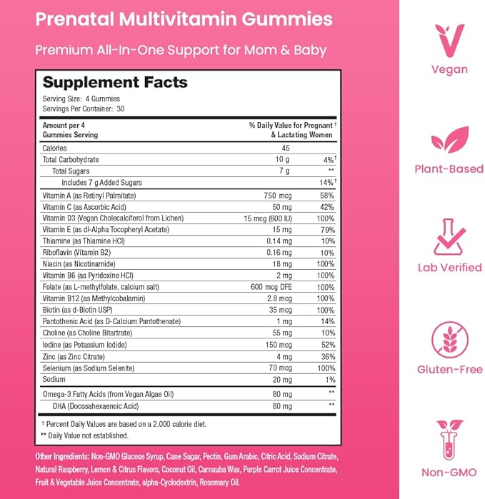 Prenatal Vitamin Gummies with DHA 3, Folate, D3, Pregnancy 120 Count (2-Pack)