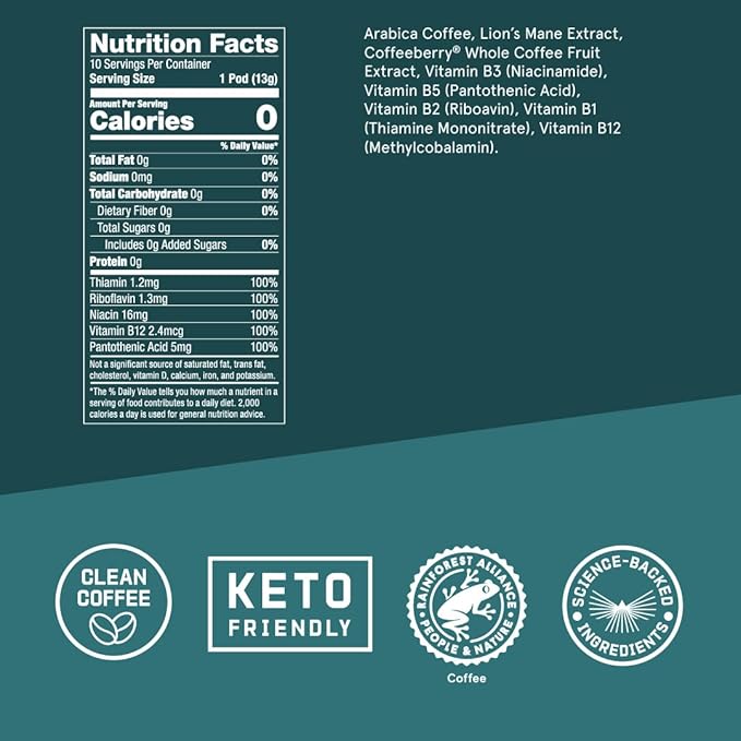 Bulletproof The High Achiever Single-Serve Pods, 10 count, Medium-Dark Roast Enhanced Coffee with Lion's Mane Mushroom, B Vitamins, and Adaptogens for Energy and Focus
