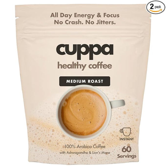 Cuppa Healthy Mushroom Insant Coffee with Lion's Mane & Ashwagandha for All Day Energy & Focus - No Crash or Jitters - Nootropics for Brain Health, Gut Health, Immunity, Stress, Memory + Mood - 60 Servings
