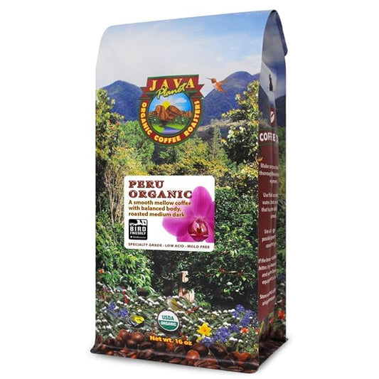 Java Planet Organic, Peru Single Origin Medium Dark Roast, Smooth Full Flavored Organic Coffee Beans, Low Acid, Whole Bean Coffee, Smithsonian Bird Friendly 1LB Bag