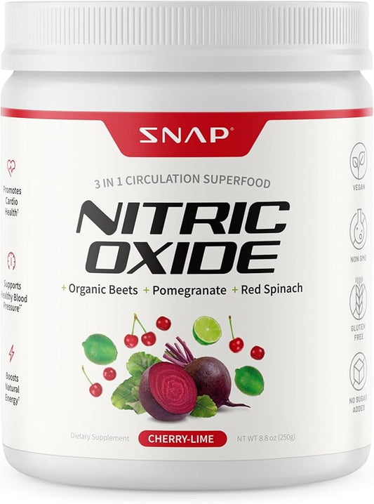 Snap Supplements Organic Beet Root Powder, Nitric Oxide Superfood Supplement with Beets, B Vitamins, Pomegranate & Red Spinach for Energy, Heart Health & Circulation Support, 30 Servings, Cherry Lime