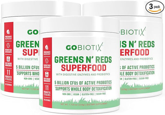 GOBIOTIX Super Greens and Reds Powder - Red and Green Superfood - Probiotic Supplement - Digestive Enzymes and Beet Root Powder - Organic Whole Foods Dietary Supplement (Pom Raspberry, 3 Pack)