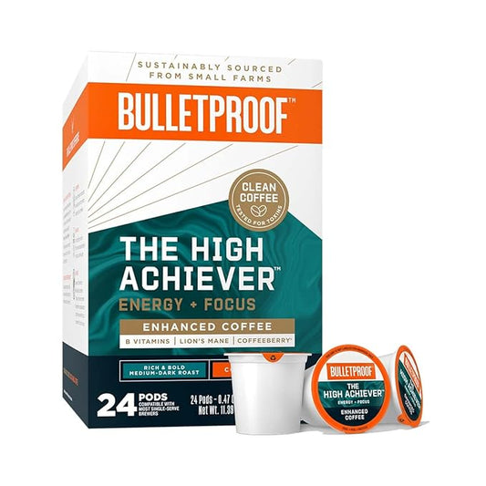 Bulletproof The High Achiever Single-Serve Pods, 24 Count, Medium-Dark Roast Enhanced Coffee with Lion's Mane Mushroom, B Vitamins, and Adaptogens for Energy and Focus
