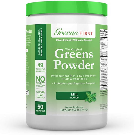 Greens First Original Greens Powder - 49 Superfoods - Organic Fruits & Veggies - Prebiotics, Probiotics & Digestive Enzymes - Antioxidant Smoothie - Dairy Free, Vegan & Non-GMO (Mint, 60 Servings)