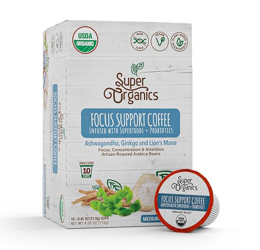 Super Organics Focus Support Coffee Brew Cups With Superfoods & Probiotics, Adaptogens, Medium Roast, USDA Certified, Vegan, Non-GMO, 10 count