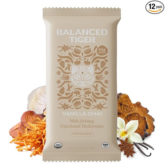 Organic Functional Mushroom Vegan Protein Bars | Made in USA | Full Dose (1500mg) Lions Mane, Chaga, Reishi & Cordyceps Bars | Plant Protein Bars w/Adaptogens & Superfoods | Vanilla Chai Flavor