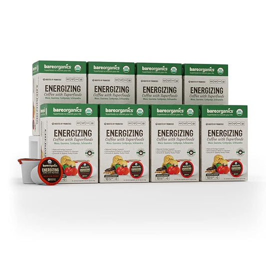 BareOrganics ENERGIZING USDA Organic Coffee Infused with Superfoods & Probiotics, Organic Coffee Pods, Compatible Organic Coffee Pods, Vegan, Gluten Free Single Serve 80ct Bulk Pack (15948)