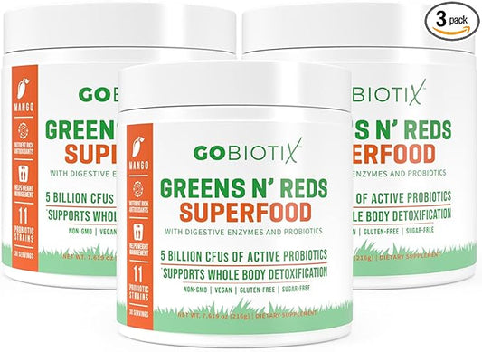 GOBIOTIX Super Greens and Reds Powder - Red and Green Superfood - Probiotic Supplement - Digestive Enzymes and Beet Root Powder - Organic Whole Foods Dietary Supplement (Mango, 3 Pack)