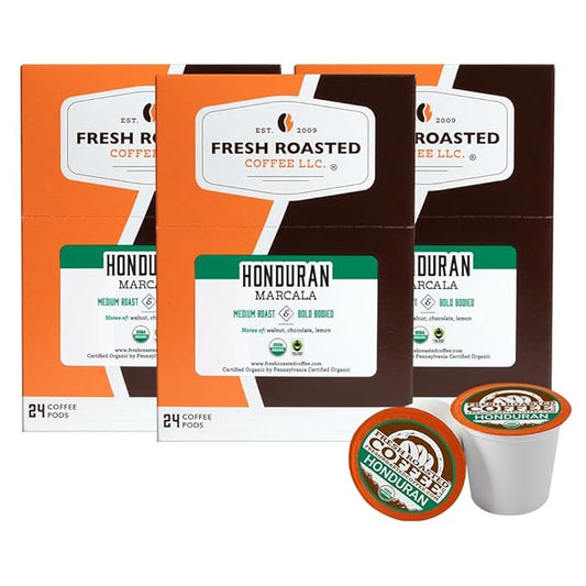 Fresh Roasted Coffee, Organic Honduran Marcala, Medium Roast, 72 Pods for K Cup Brewers