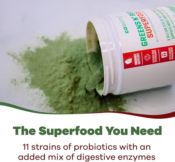 GOBIOTIX Super Greens and Reds Powder - Red and Green Superfood - Probiotic Supplement - Digestive Enzymes and Beet Root Powder - Organic Whole Foods Dietary Supplement (Pom Raspberry, 2 Pack)