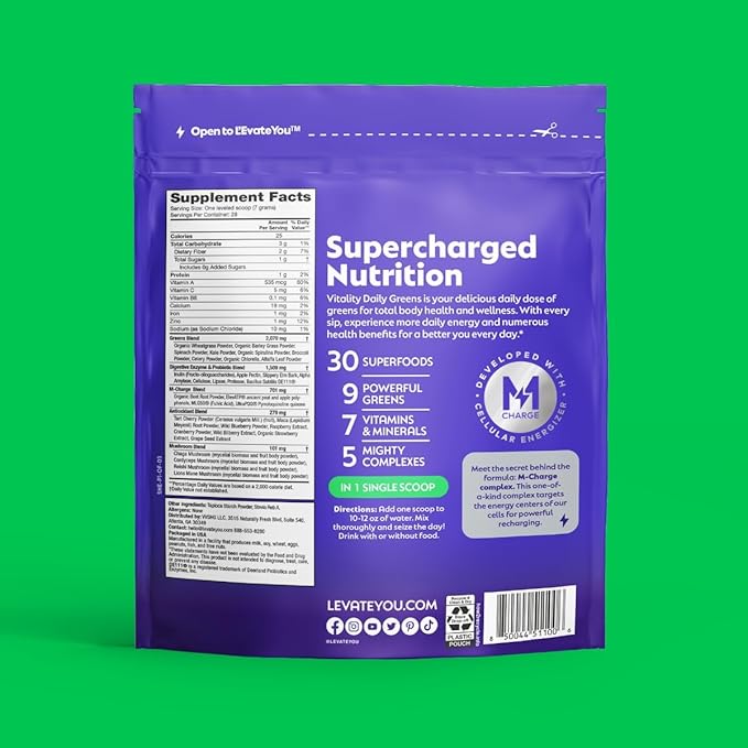 L'Evate You Vitality Daily Greens Powder (28 Servings) 30 Superfoods, 9 Greens - for a Cellular Energy Boost, Powered by M-Charge Complex for All Day Energy (Original)