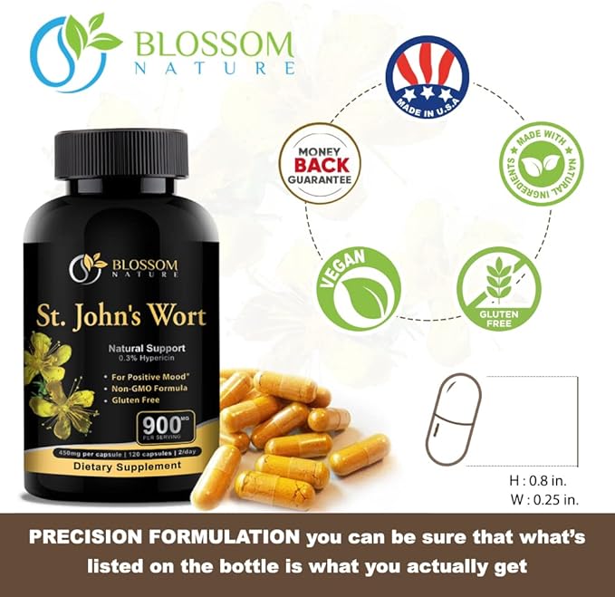 St Johns Wort 900mg-Mood Support Supplement*-Calm Supplements*-120 Vegetable Capsules(2 Month Supply),450mg of Perforatum),0.3%Hypericin per