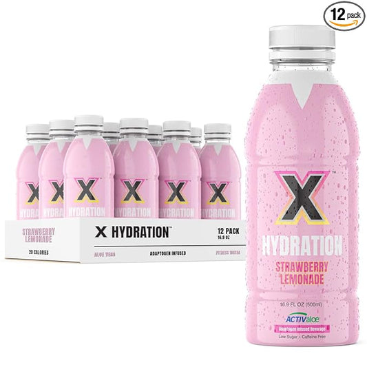 X Hydration 12 Pack- Premium Adaptogenic Fitness Water- Aloe Vera Based with Ashwagandha & Lions Mane- Strawberry Lemonade- Hydration beverage for wellness, performance, immunity and recovery