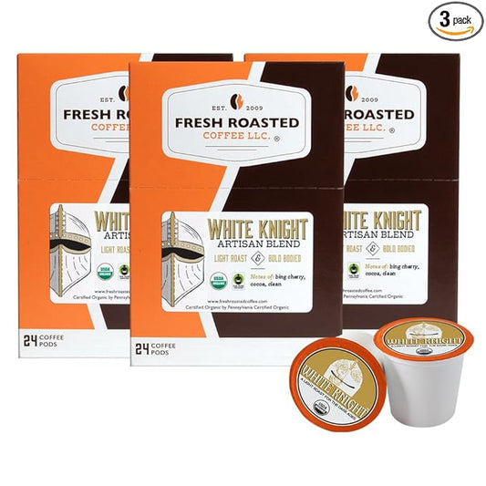Fresh Roasted Coffee, Organic White Knight, Light Roast, 72 Pods for K Cup Brewers
