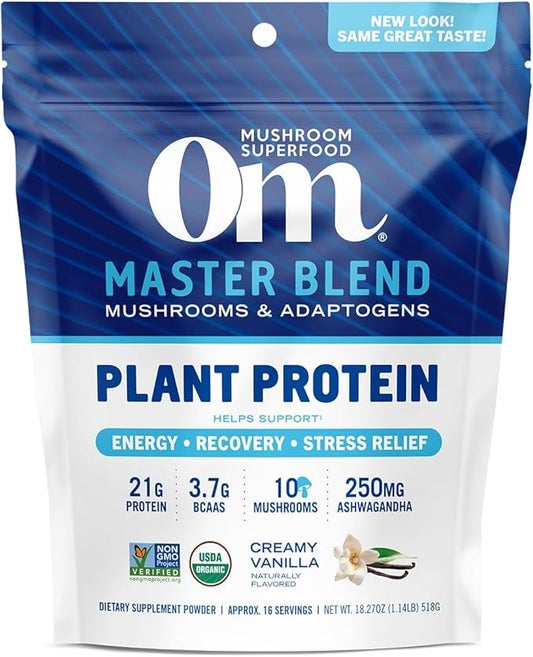 OM MUSHROOM SUPERFOOD Master Blend Plant-Based Protein Powder, 18.27 Ounce, 16 Servings, Creamy Vanilla Protein with 10 Mushroom Complex, Lions Mane, Adaptogens for Optimal Health and Recovery