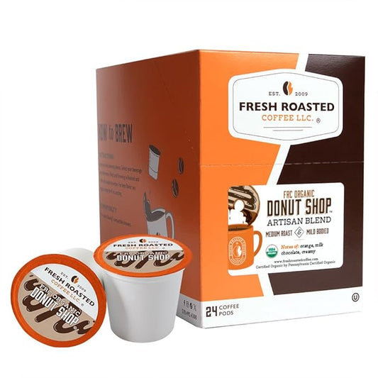 Fresh Roasted Coffee, Organic Donut Shop, Medium Roast, 24 Pods for K-Cup Brewers