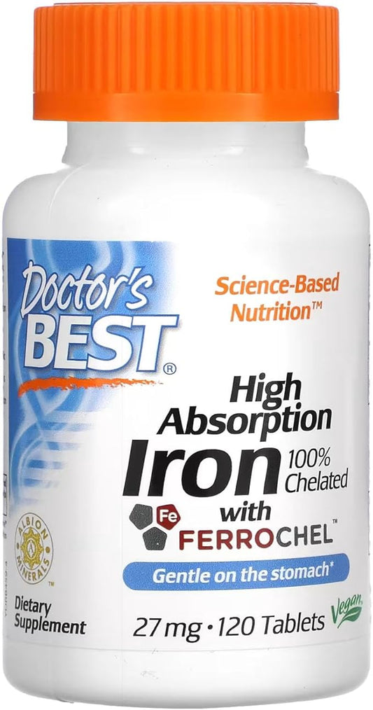 Doctor's Best High Absorption Iron Tablet with Ferrochel, Gentle on The Stomach, Immune Health, Blood Health, 27 mg